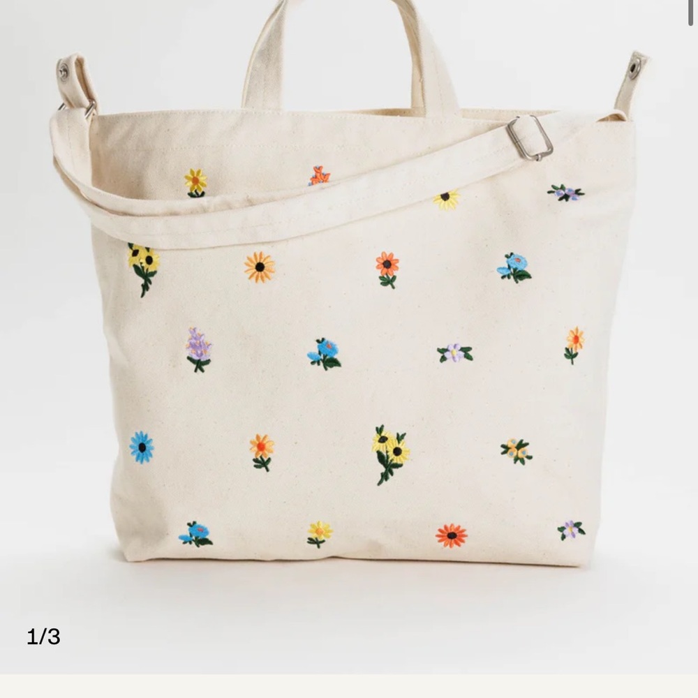 SOLD BAGGU Cream Tote with Colorful Floral Embroidery